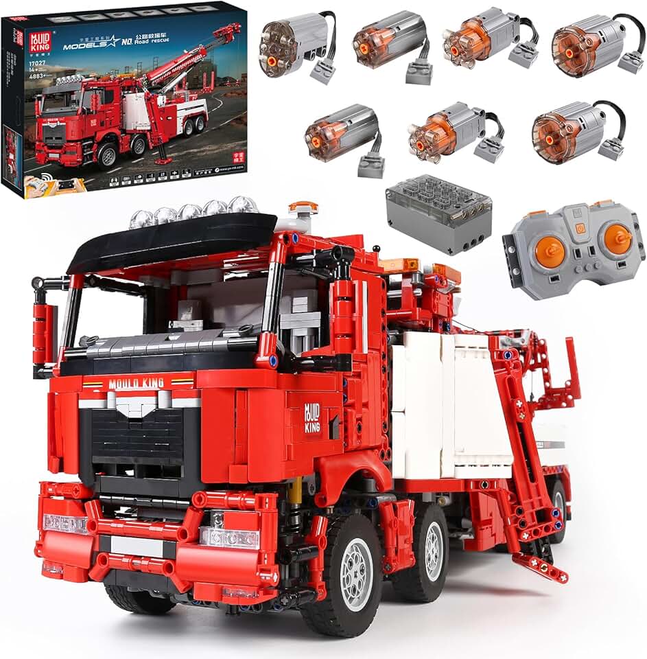 Mould King 17027 Road Rescue Truck Building Block Kits, 4883 Pcs Technik Large Pneumatic Crane Model with with 7 Engines, Remote Control and App Control Truck, Gift for Kids/Adult Vehicle Enthusiasts