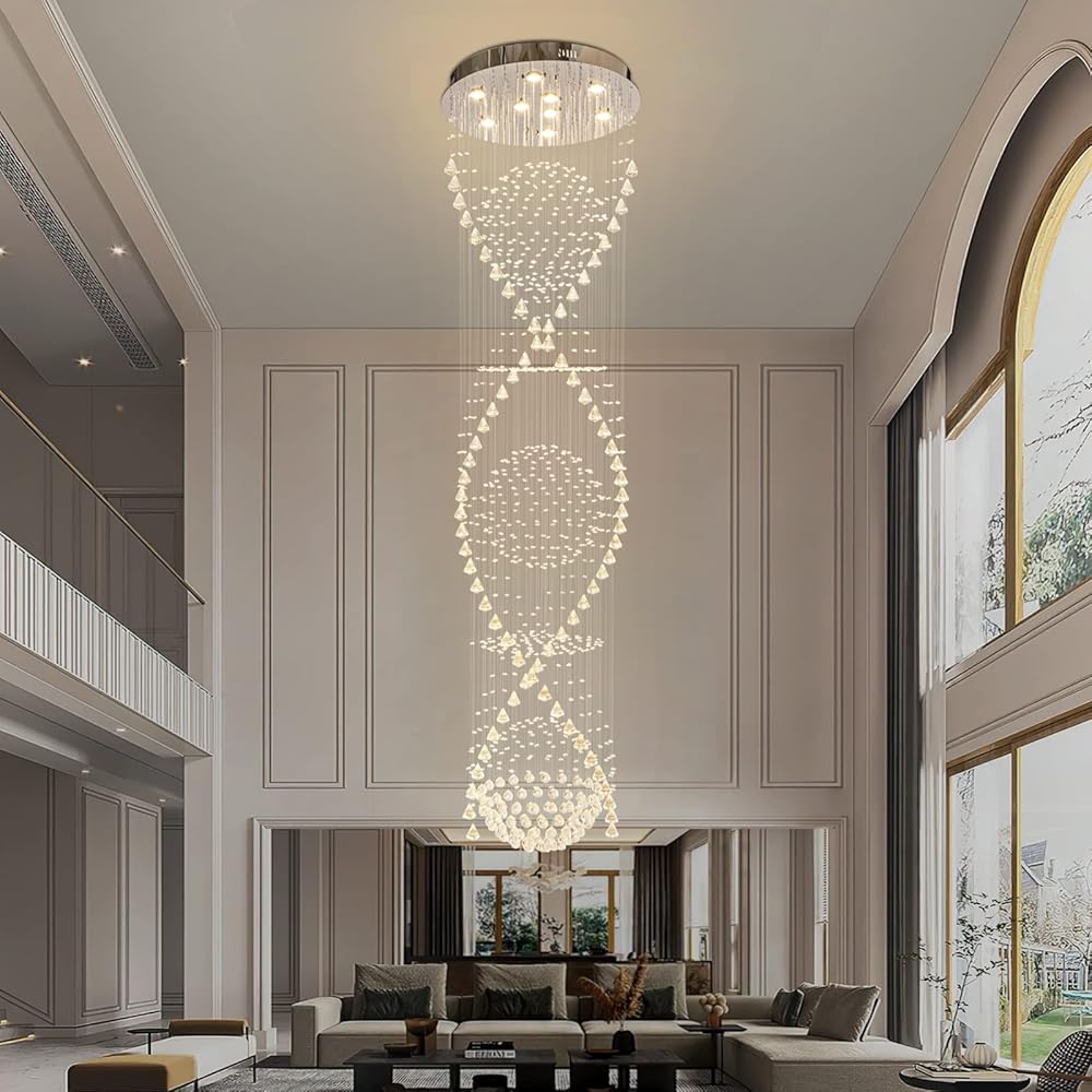 Crystal Chandelier Modern Spectacular Spiral Raindrop Luxury Flush Mount Long Chandelier Light Fixtures for Stair Foyer Entryway D25.5'' x H98.4''
