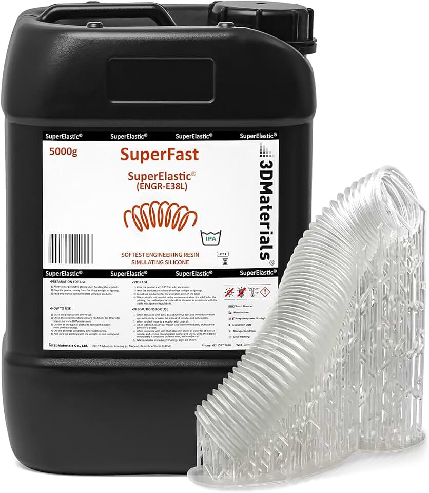 SuperElastic 3D Printer Resin, Softness 60A Simulating Soft Silicone, Made in Korea by 3DMaterials (5000g, Clear)