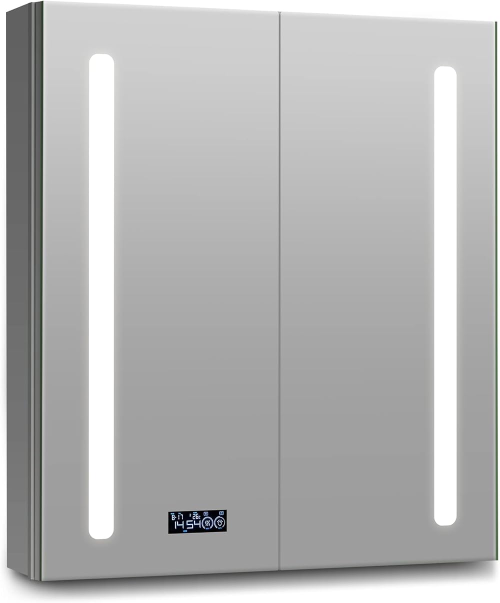 LED Medicine Cabinet Mirror for Bathroom, Lighted Medicine Cabinet with Clock, Lighted Medicine Cabinets for Bathroom with Mirror, 24