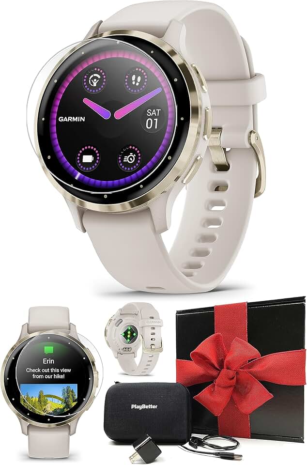 PlayBetter Garmin Venu 3S (Soft Gold/Ivory) Fitness GPS Smartwatch Gift Box Bundle - AMOLED Touchscreen, 10 Days of Battery & On-Wrist Texting - Includes Screen Protectors, Wall Adapter & Case