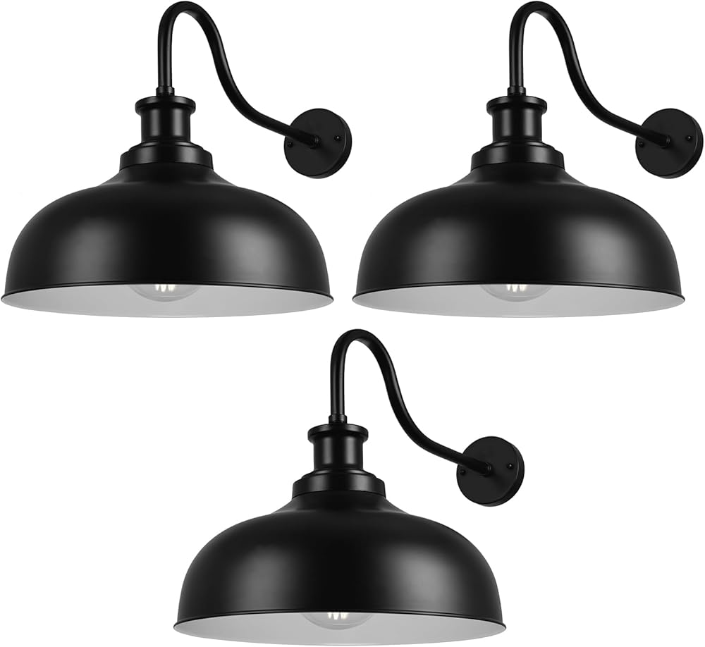 Outdoor Gooseneck Barn Light,16 Inch Dome Outdoor Wall Sconce Farmhouse Exterior Wall Mount Light Vintage Wall Lighting Fixture Industrial Black Wall Lantern for Porch, Entryway, Garage, 3 Pack