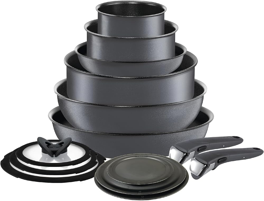T-fal Ingenio Non Stick Cookware Set 14 Piece, Induction, Oven Broiler Safe 500F, Detachable/ Removable Handle, Kitchen, Cookware, Pots and Pans, RV, Camping, Fry Pans, Dishwasher Safe, Smoke Grey
