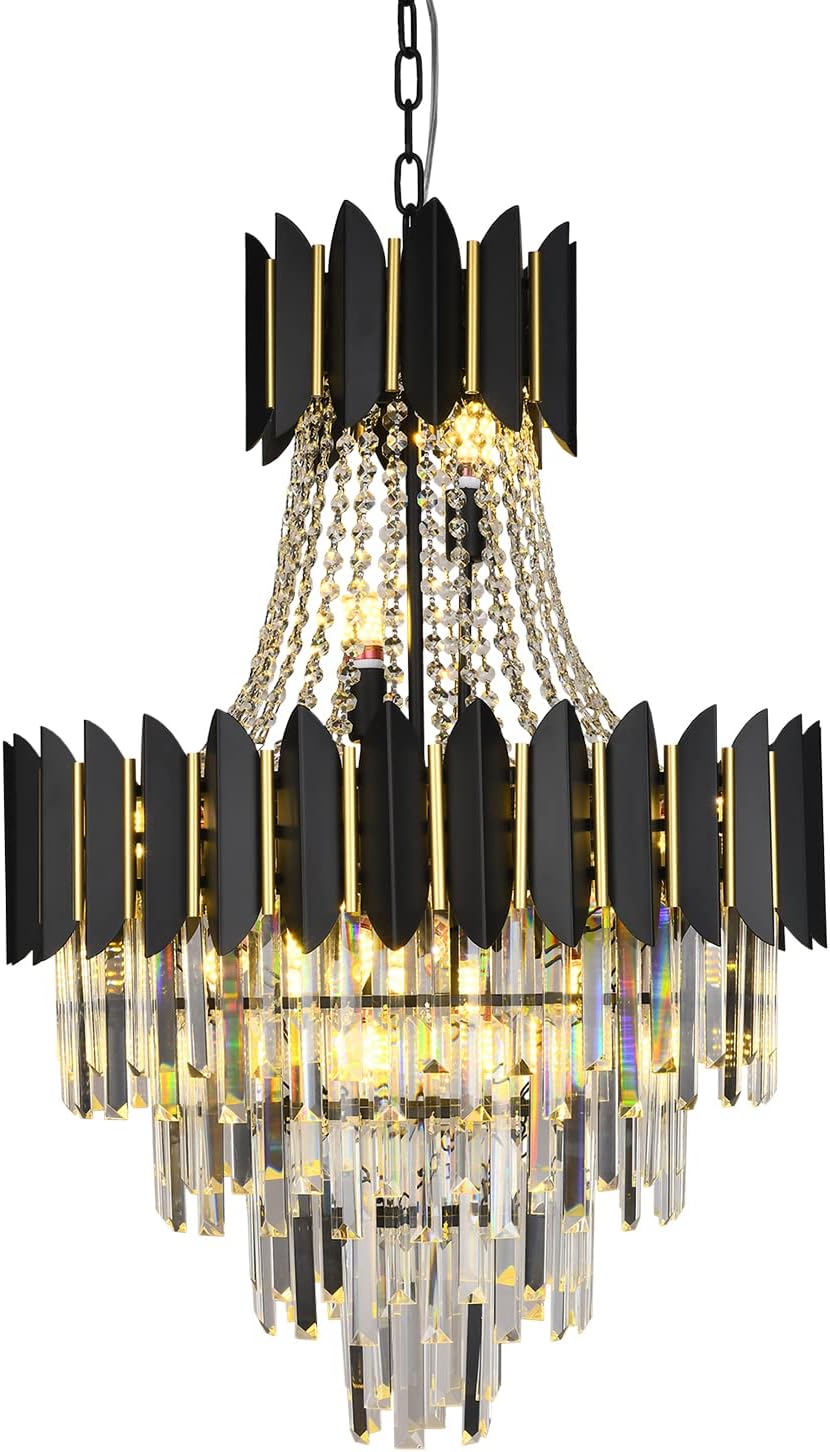 Modern Crystal Chandelier Black 4-Tier Round Crystal Chandeliers Lighting Contemporary Ceiling Hanging Raindrop Pendant Light Fixture for Dining Room Living Room foyer (D24in-14 Lights)