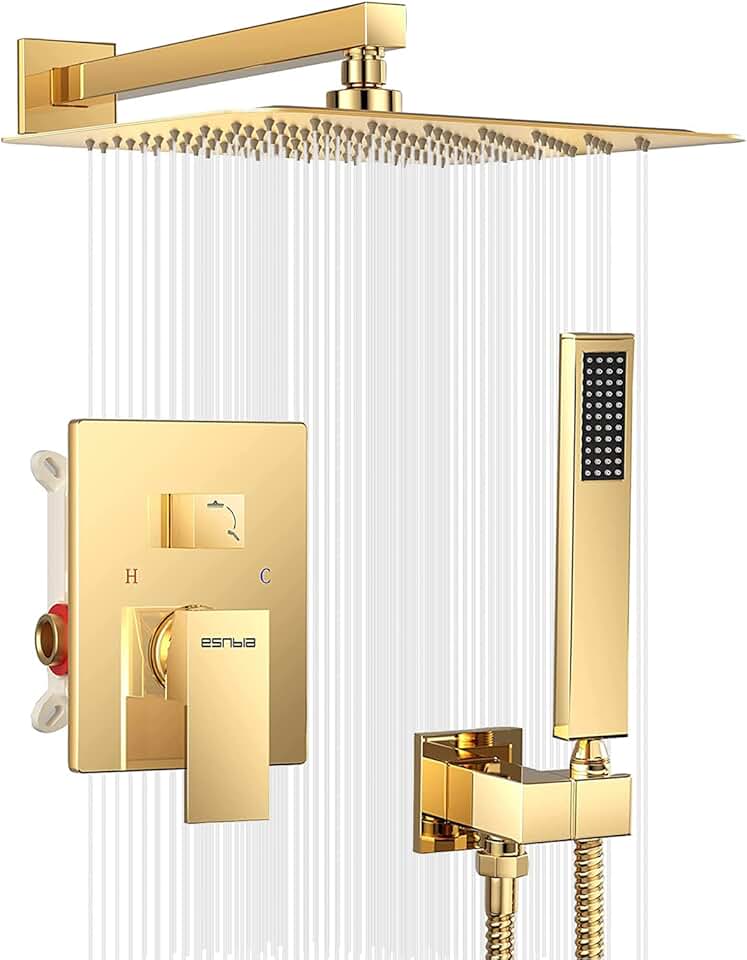 ESNBIA Shower System, Bathroom 12 Inches Rain Shower Head with Handheld Combo Set, Wall Mounted High Pressure Rainfall Dual Shower Head System, Shower Faucet Set with Valve and trim, Polished Gold