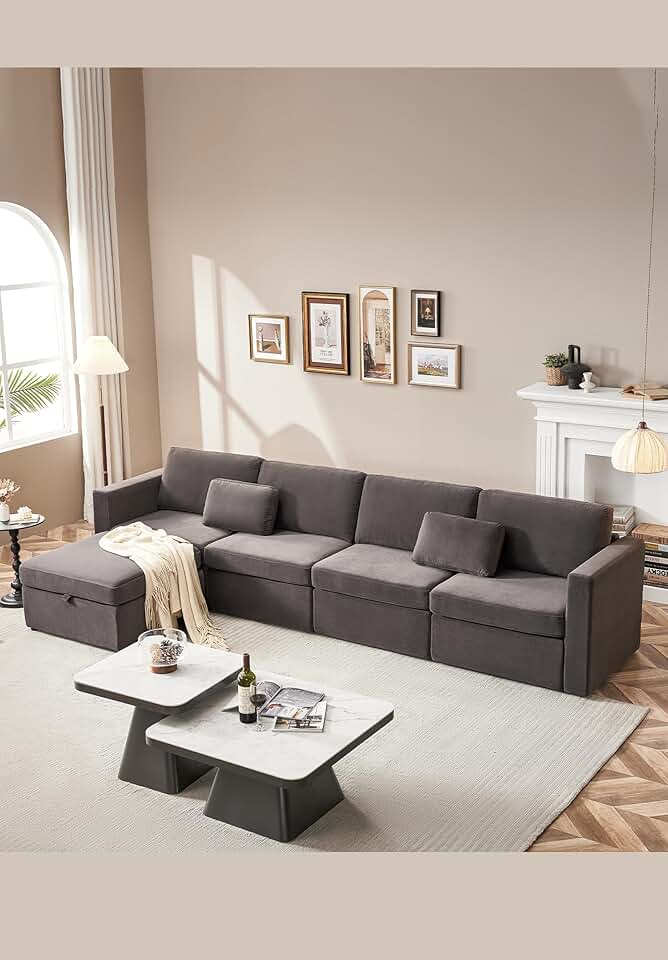 Eafurn 6 Seater Oversized Convertible L Shaped Modular Sectional Sofa Corner Couch with Movable Ottoman, Modern Velvet Upholstered Sleeper Sofa&Couches w/Storage and Throw Pillows for Living Room