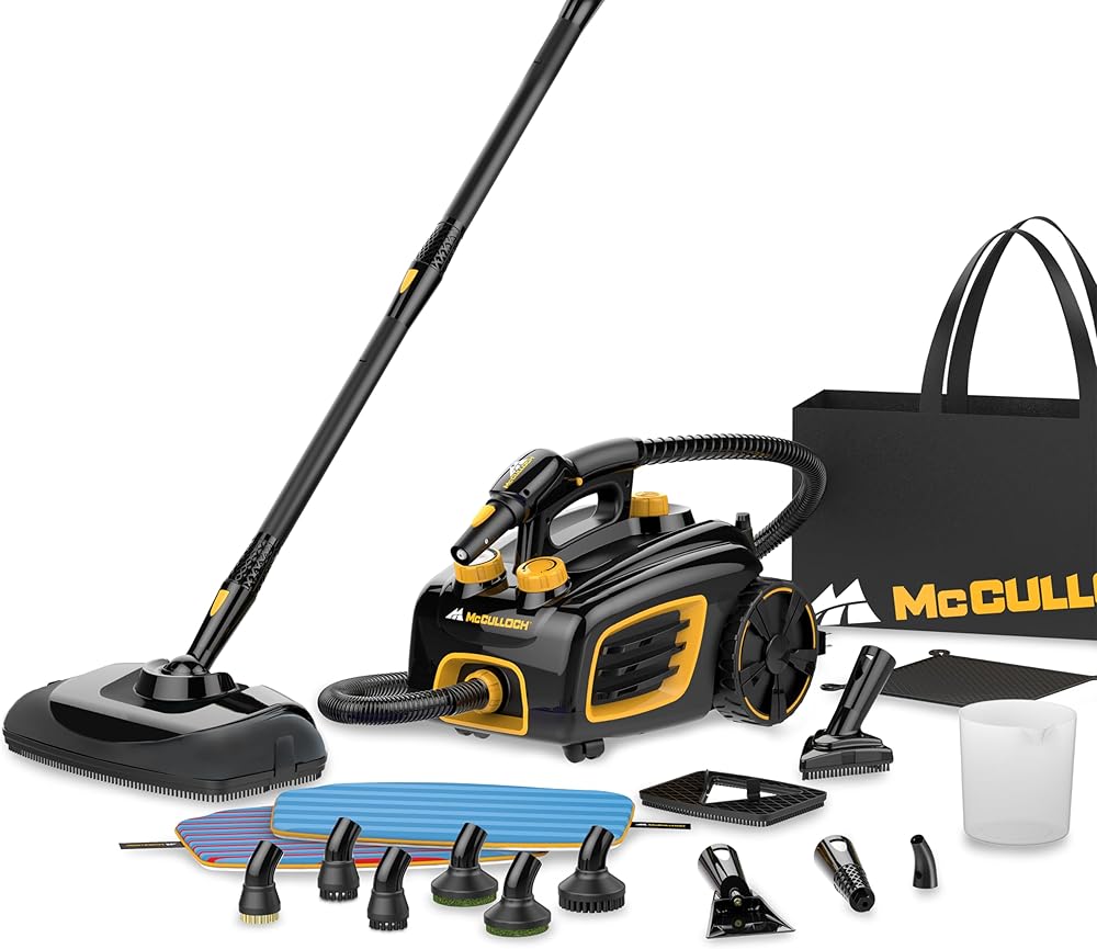 McCulloch MC1375 Canister Steam Cleaner with 20 Accessories, Extra-Long Power Cord, Chemical-Free Cleaning for Most Floors, Counters, Appliances, Windows, Autos, and More, 1-(Pack), Black