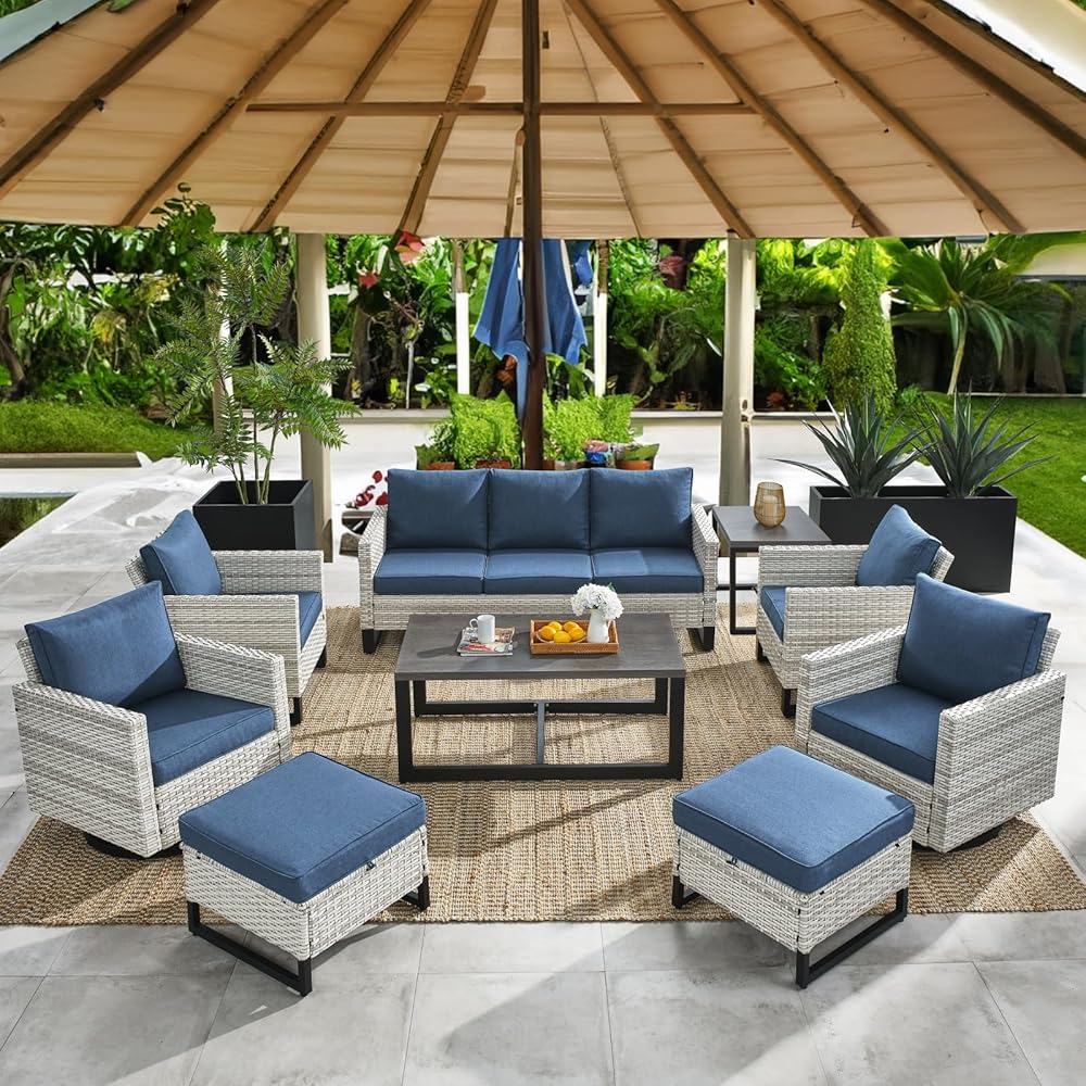 HUMMUH 9 Piece Patio Furniture Set All Weather Wicker Outdoor Sectional Sofa with Patio Chairs,Patio Swivel Glider Chairs Ottomans Coffee Table for Porch,Garden,Backyard