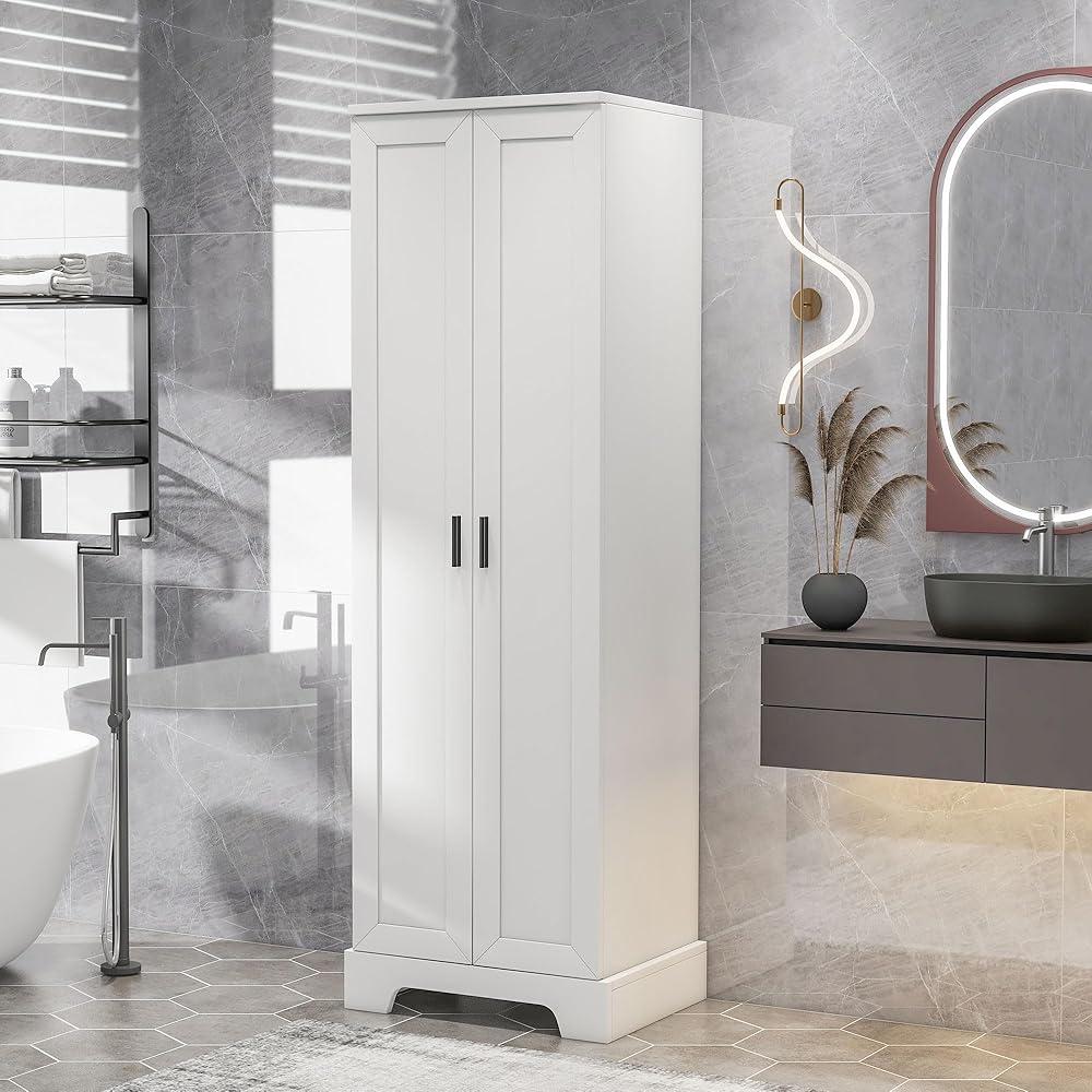 Merax Tall Storage Cabinet with Doors, Pantry Cupboard, Adjustable Shelves Wide Bathroom Organizer for Office, Living Room or Kitchen, White