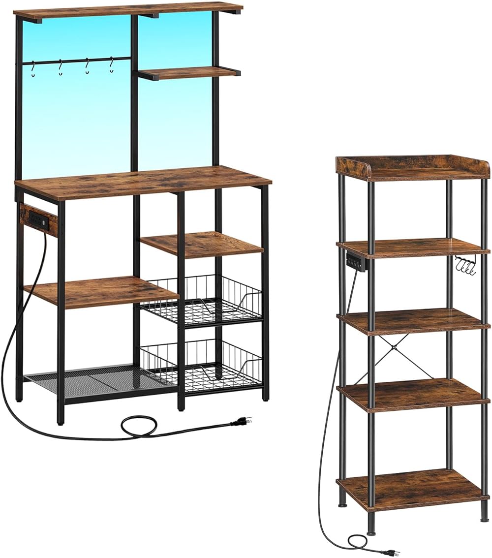 Bakers Rack with Power Outlet and LED Light Strings, Kitchen Storage Shelf BF64UDHB01-BF55UHB01