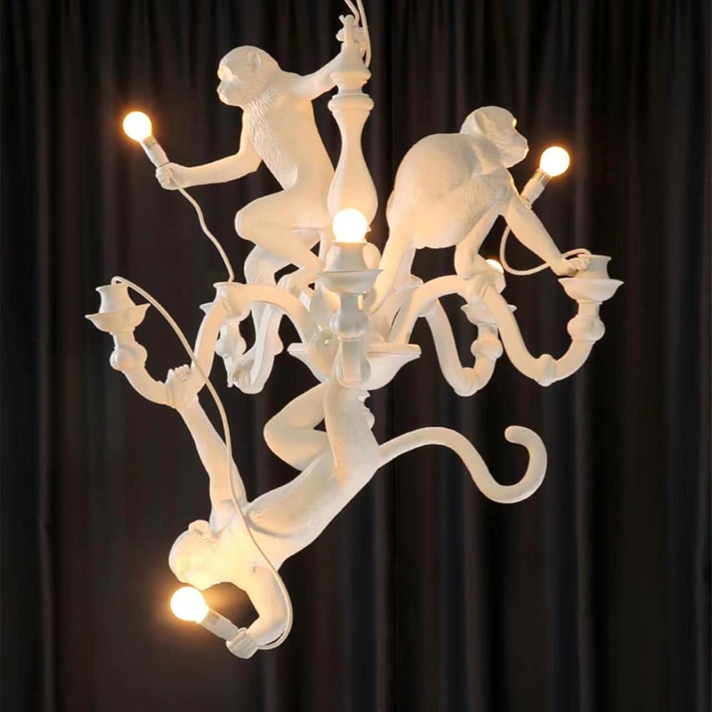 5-Lights three Monkeys Chandelier Lighting Modern Art Resin White Monkey Hanging Lamps for Living Room villa Hall Lobby Bar, Large Animal Decor Light Fixture (White monkeys lamp)
