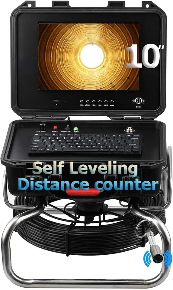 Sewer Camera with 512Hz Sonde Transmitter, Self-Leveling, Distance Counter, Pipe Inspection Camera with Plumbing Snake 100 ft, 720P HD 10