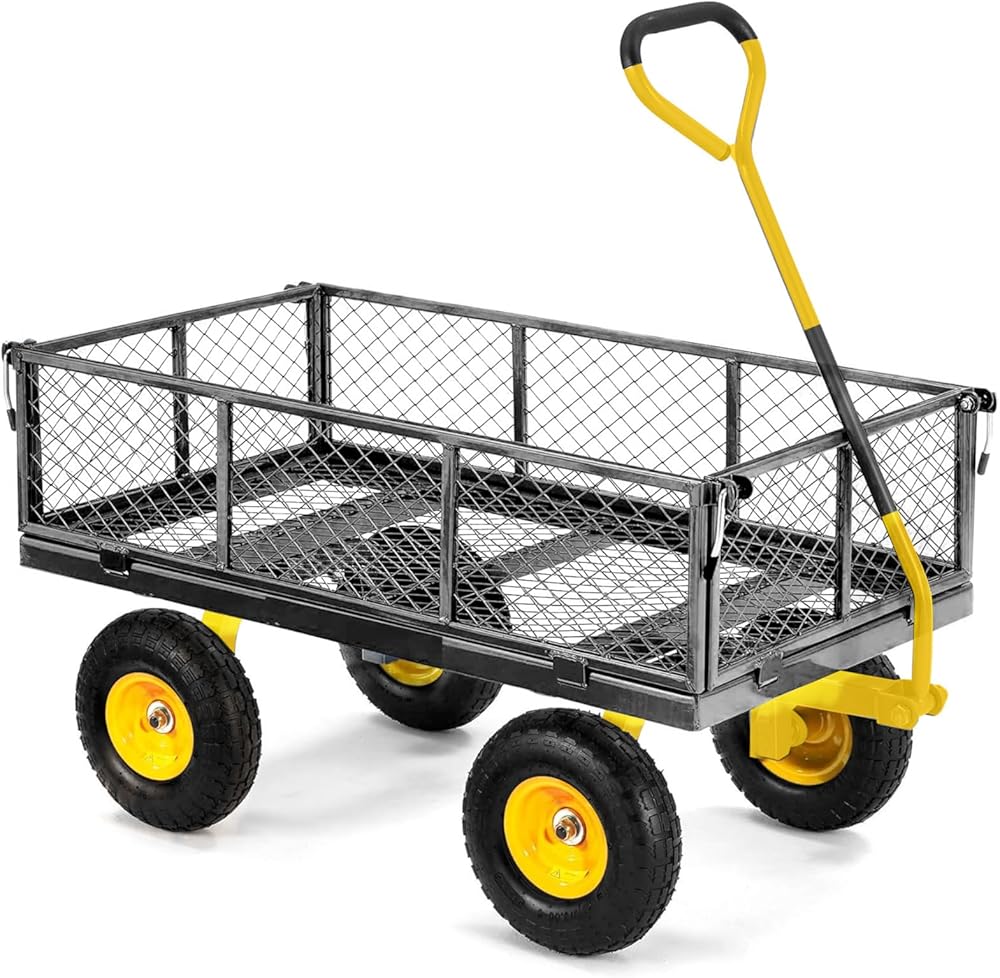 Steel Garden Cart,900 lbs Heavy Duty Wagon Cart with Removable Sides Mesh Convertible Flatbed 2-in-1 Utility Cart 240° Rotating Handle 10