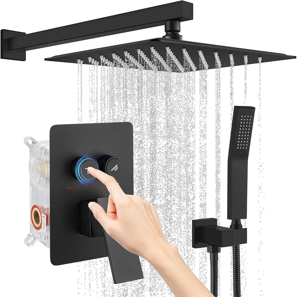 gotonovo Push Button Rain Shower System Rainfall Shower Head with Handheld Shower Wall Mount Pressure Balance Valve Included Dual Functions Luxury Shower Faucet Set 10 Inch Matte Black