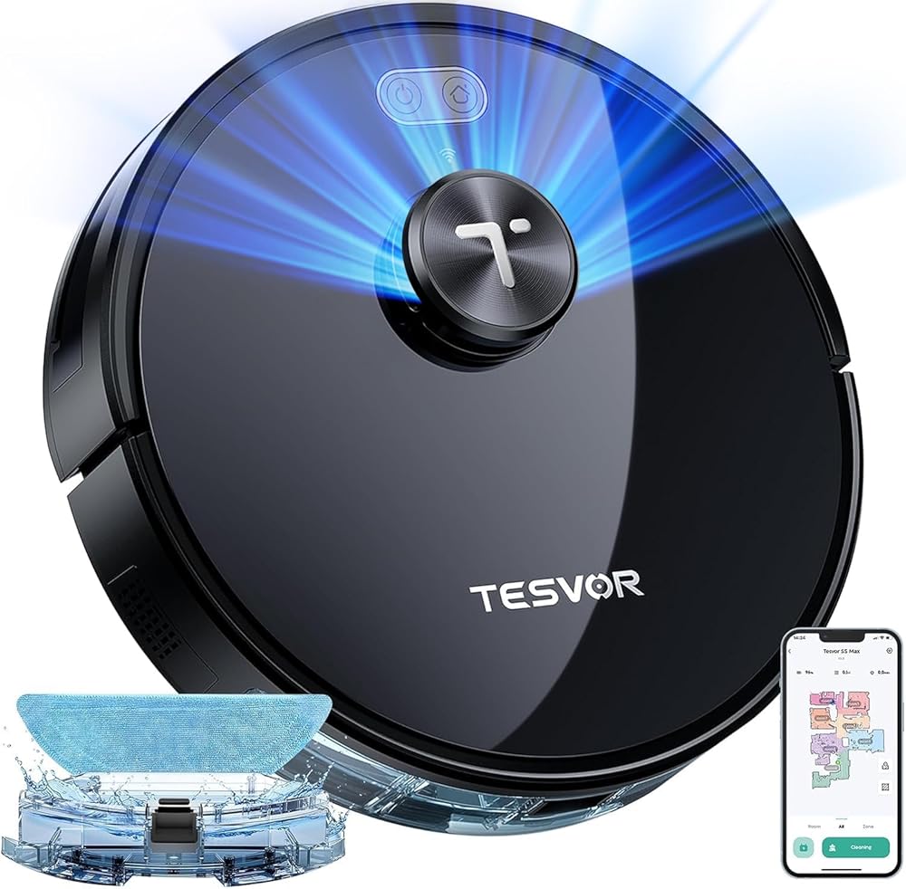 Tesvor S5 Max Robot Vacuum and Mop Combo, 6000Pa Suction Robotic Vacuum Cleaner, Lidar Navigation,5200mAh,260Mins Runtime, 10 No-Go&No-Mop Zones, Smart Mapping,Perfect for Pet Hair and Hard Floor