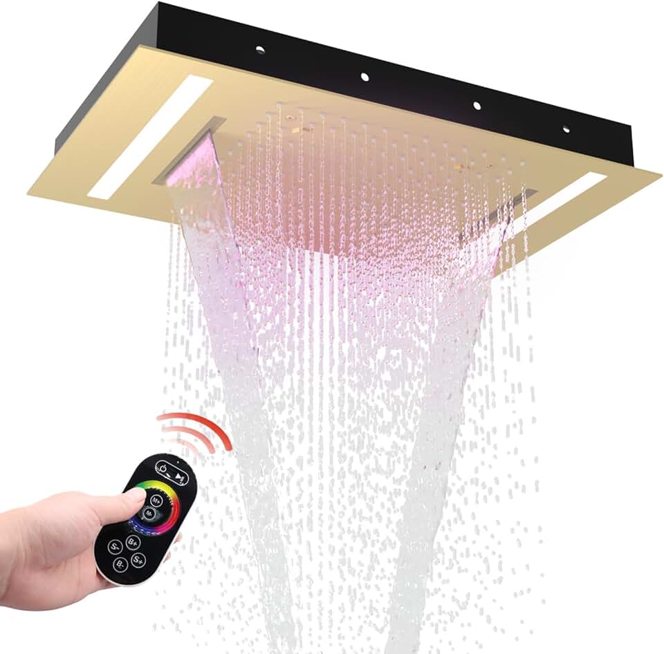 HOMEDEC 14x20inch Shower Head with 3 Functions Rainfall Waterfall Mist, High-Pressure Rainfall Spray Waterfall Shower Water Filter, Brushed Gold