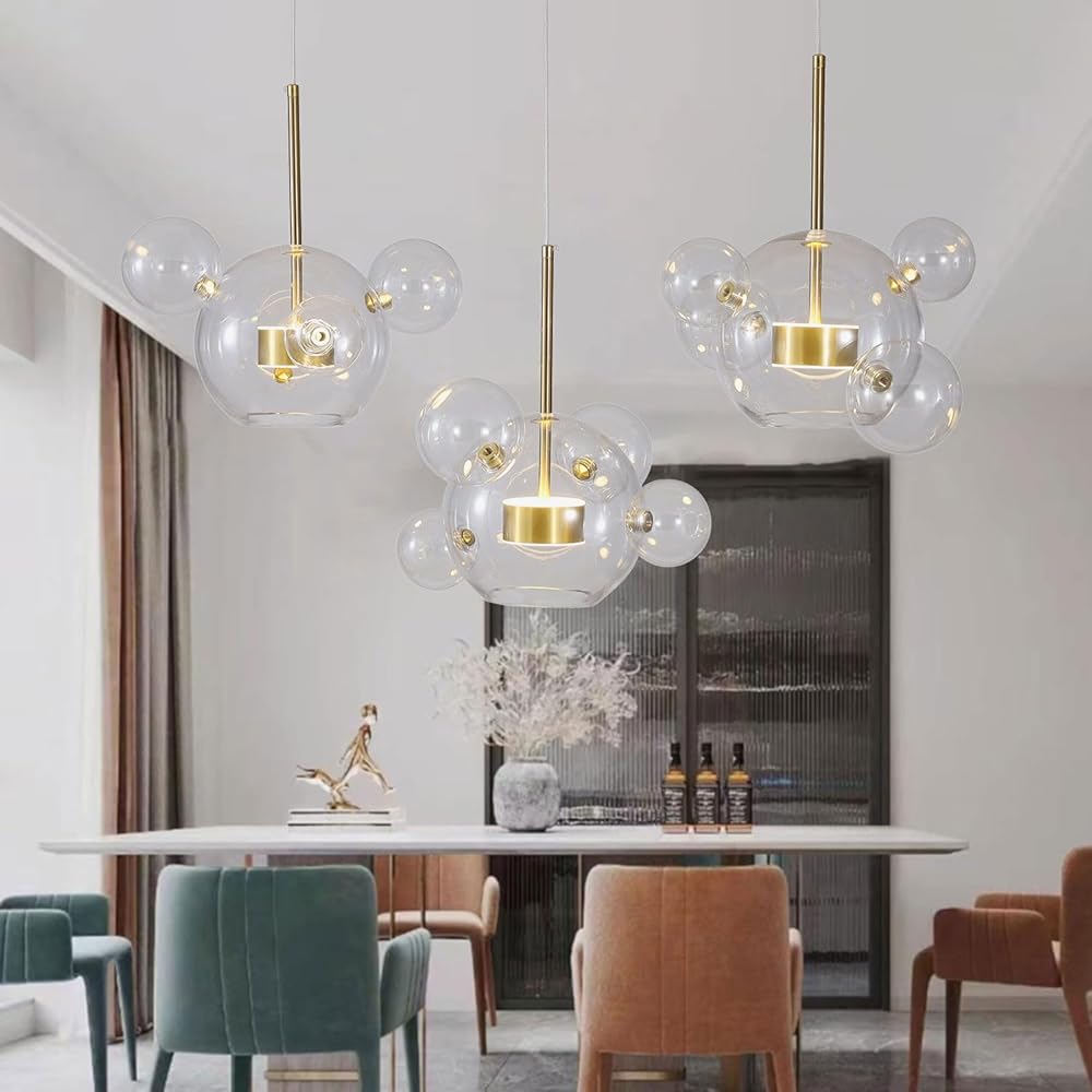 Glass Chandelier, Mid Century Modern Chandeliers,Large Pendant Lights Kitchen Island, Globe Bubble Chandelier 15-Light Clear Glass Ball,for Dining Room Kitchen Island Pendant Light Fixtures