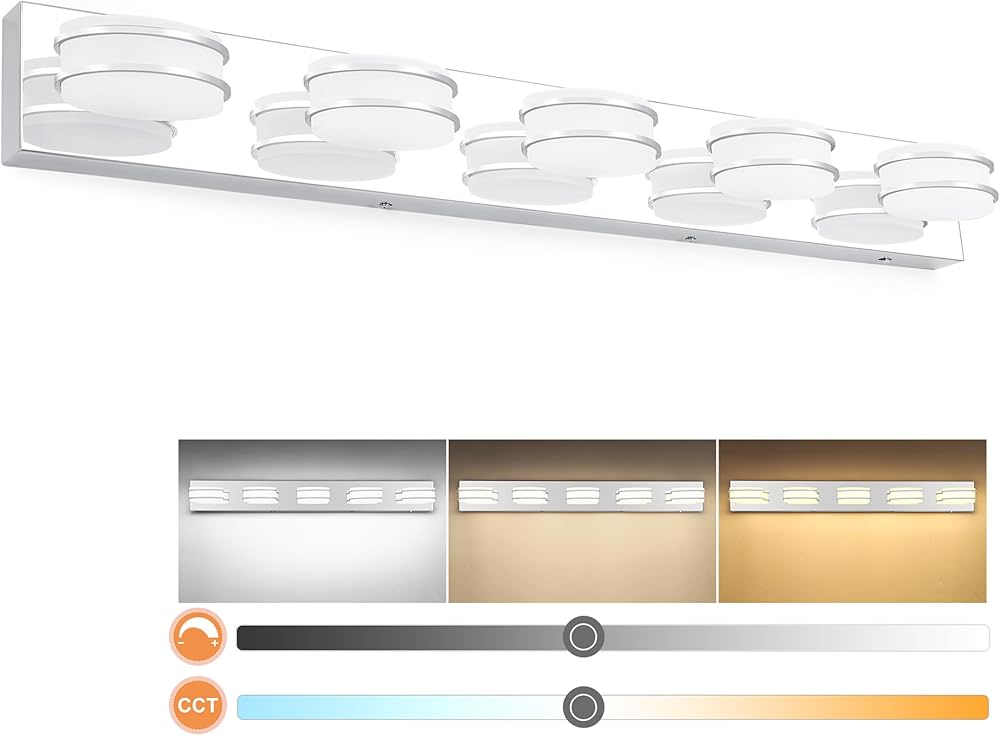 3 Color Temperature Dimmable Vanity Lighting Fixtures LED Chrome 5 Light Bathroom Vanity Light Fixtures Acrylic Stainless Steel Oval Shade Vanity Lights for Bathroom, 360° Rotate, ETL Certificated