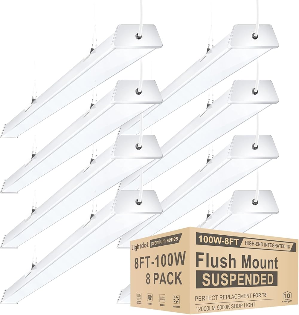 8FT LED Shop Lights, 100W[Eqv. 400W HPS/WH] Compact LED Shop Light 8FT with 5FT Cord Switch, Surface/Suspension Mount Commercial Lighting, Energy-Saving up to 3650W/5Y(5hrs/Day)-8Pack