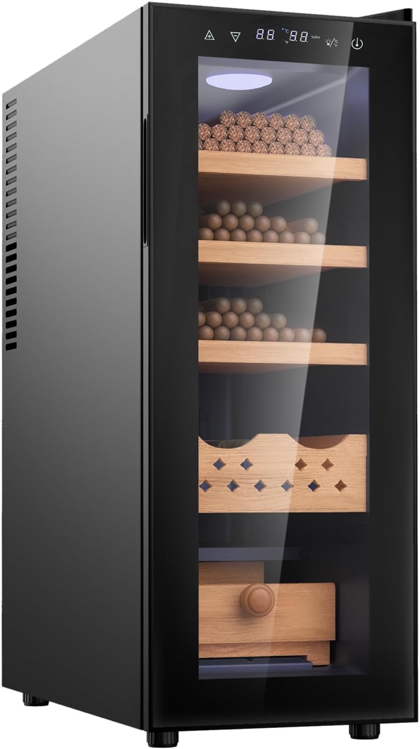 35L Electric Cigar Humidor with Cooling and Heating Temperature Control System,Electronic Humidor Cabinet Cooler with Digital Hygrometer,Made of Spanish Cedar Wood Frame Gifts for Men