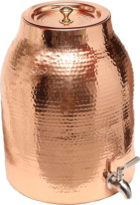 HandCrafted 100% Pure Copper Water Dispenser with Lid | 3.5 Gallon XL Capacity | Hand Hammered with Heavy Gauge RAW Copper Interior for Ayurvedic Health | Includes No-leak Stainless Steel Spigot