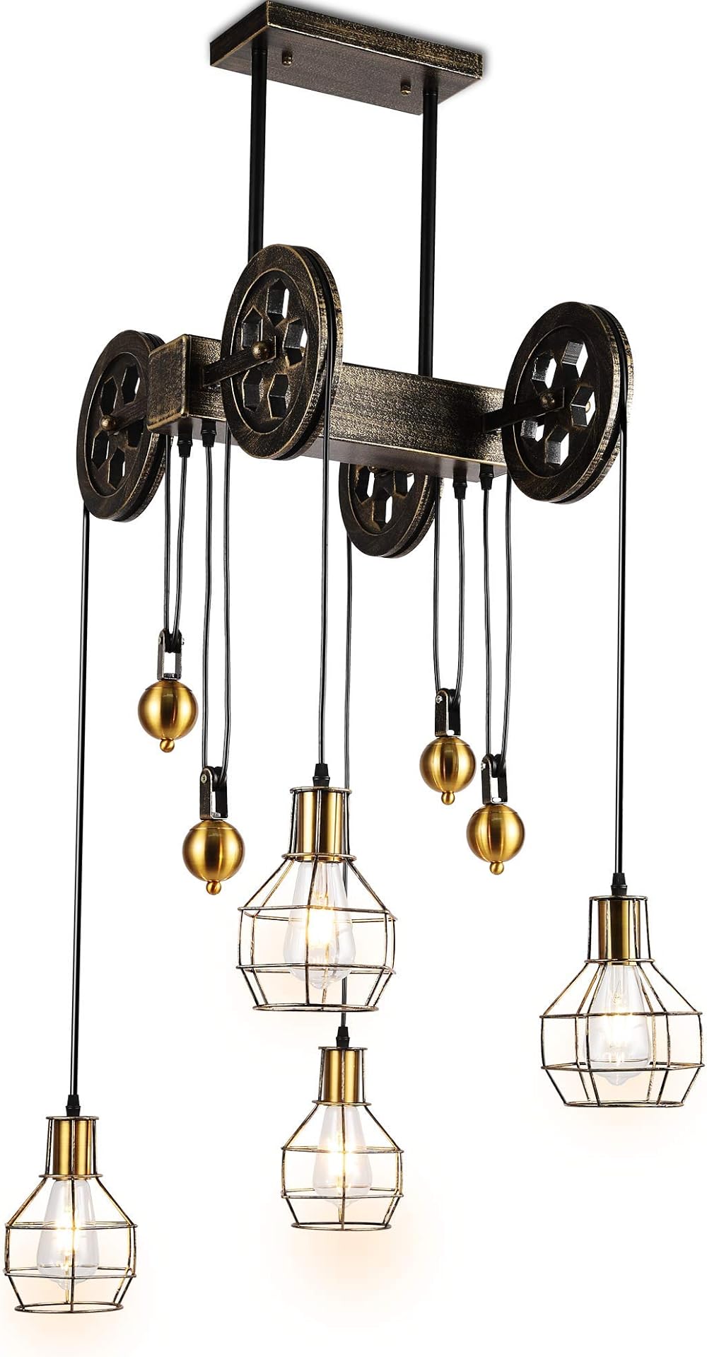 Four-Light Pulley Pendant Light, Indoor Island Light Adjustable Industrial Vintage Rustic Chandelier, Farmhouse Vintage Ceiling Lights Fixture for Dining Room, Living Room or Foyer