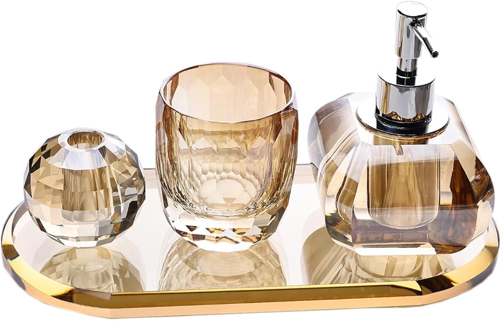 Premium Amber Crystal Bathroom Accessory Set, 4 Pcs Glass Bathroom Accessories with Lotion Soap Dispenser, Toothbrush Holder, Perfect for Bathroom Theme Gift