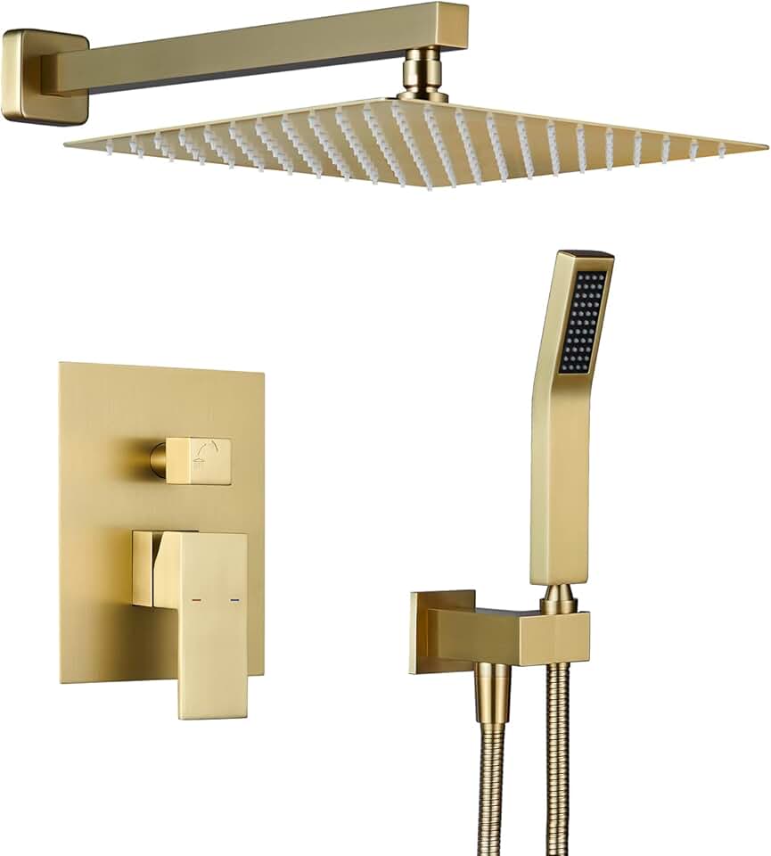 Rain Shower System 12 Inches Shower Combo Set Brushed Gold Wall Mount Faucet Bathroom Faucets with Rainfall Shower Head and Hand Shower