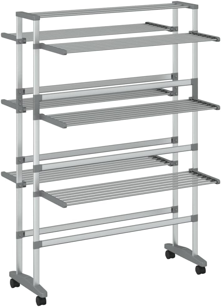 vidaXL Aluminum Laundry Drying Rack with Wheels - 3-tier Tower Dryer, Foldable Stand Design, 118.1' Hanging Length, Ideal for Indoor Drying & Space-Saving