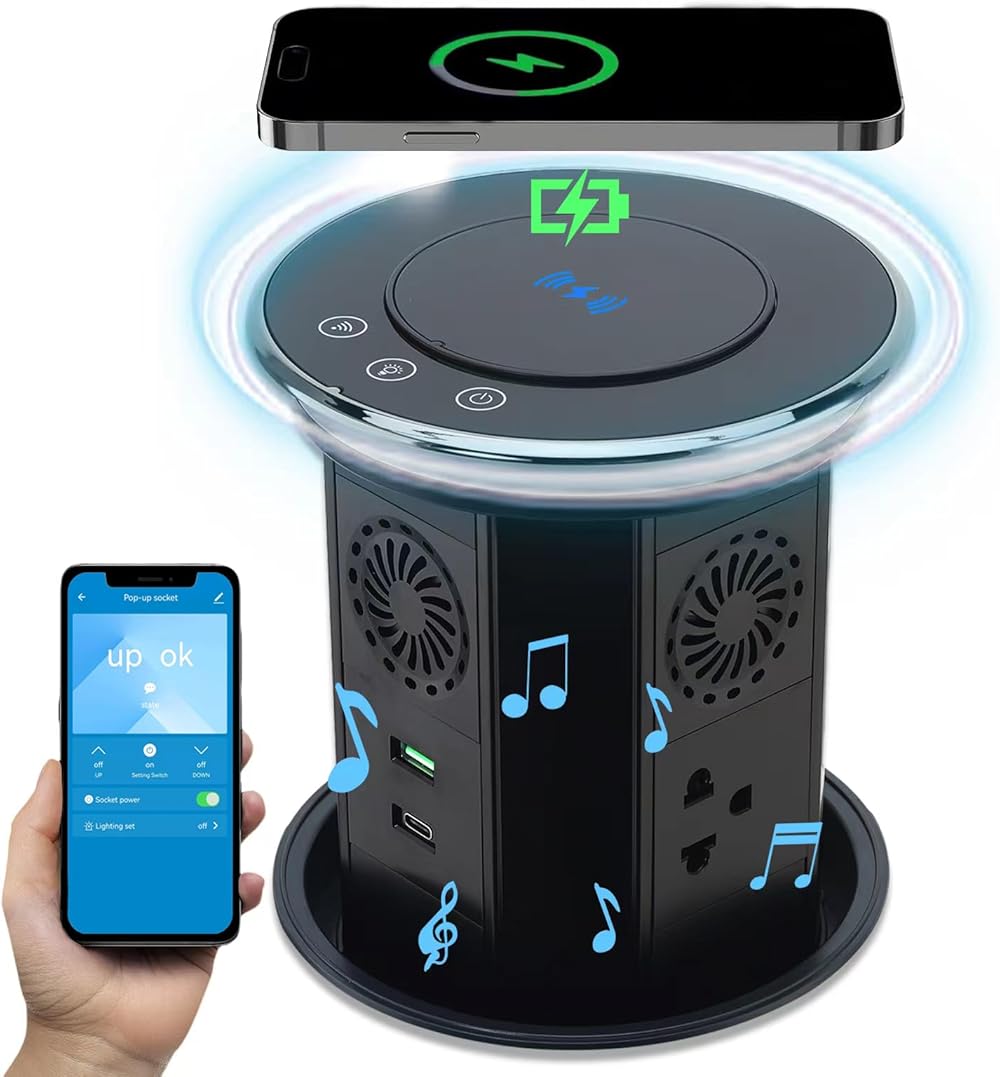 Automatic pop up outlet,Pop Up Power Strip with 3 Outlets,2 USB Ports and Speaker,Retractable Hidden Recessed Power with 15W Wireless Charger,Table Outlet for Home Office Power Supply