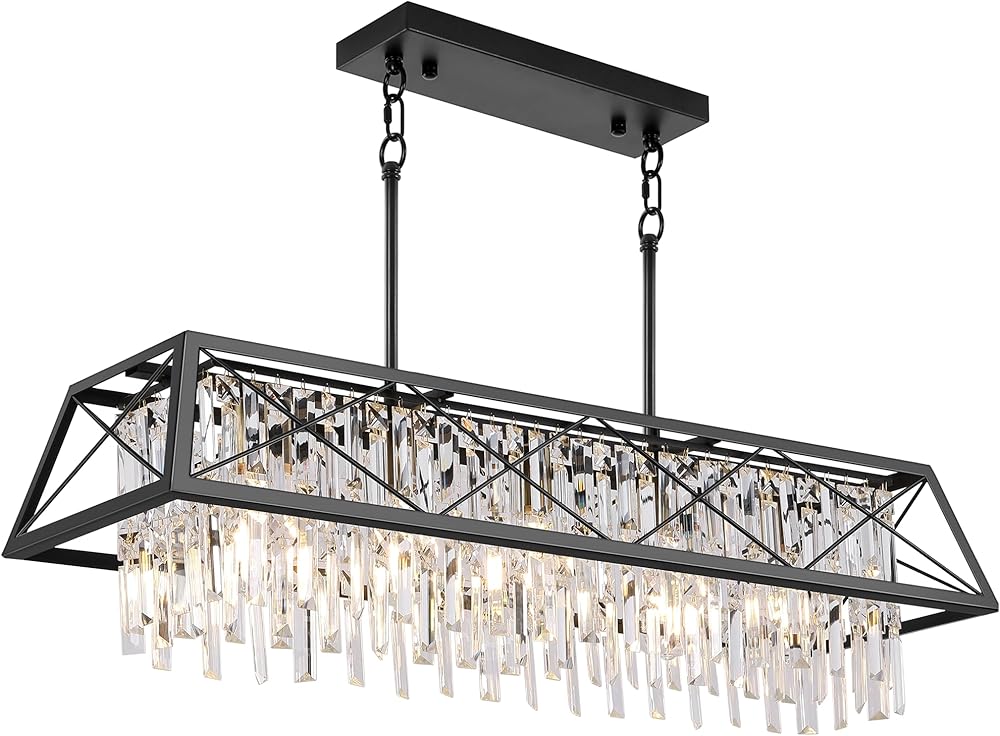 Chandeliers for Dining Room, 5-Lights Large Black Crystal Chandelier, Modren Rectangulat Crystal Light for Kitchen Island Bar
