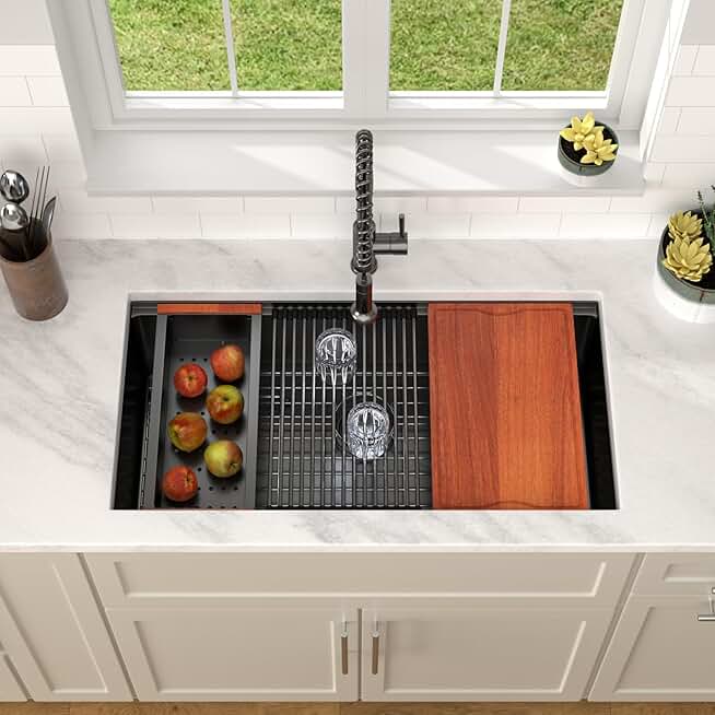 Dcolora 36 in. Black Undermount Kitchen Sink Workstation NANO-PVD Large Black Kitchen Sinks with Ledge Round Corner 16 304 Gauge Stainless Steel Single Bowl Basin, Gunmetal Black,36