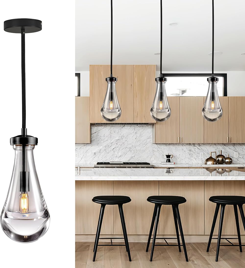 Raindrop Pendant Light Fixtures Set of 3, Black Glass Pendant Lighting, Hand BlownTeardrops Modern Hanging Light for Entryway Foyer Kitchen Island Dining Living Room Hallway