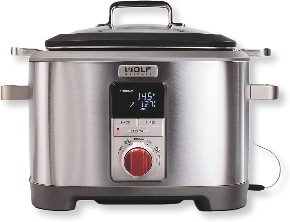 Programmable 6-in-1 Multi Cooker with Temperature Probe, 7 qrt, Slow Cook, Rice, Sauté, Sear, Sous Vide, Stainless Steel, Red Knob (WGSC100S)