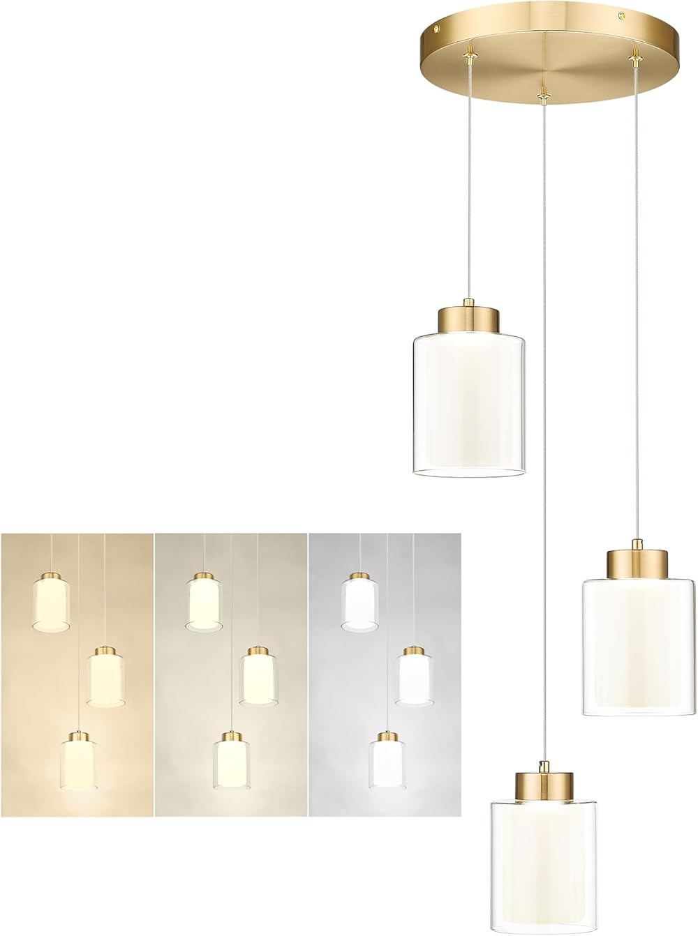 kudos 3-Light Cluster Pendant Lights Kitchen Island, Modern Brushed Gold Pendant Light with Dual Glass Shade, Led Hanging Light for Kitchen, Bathroom, Dining Room, 3CCT Adjustable KDPL04-GD-3L