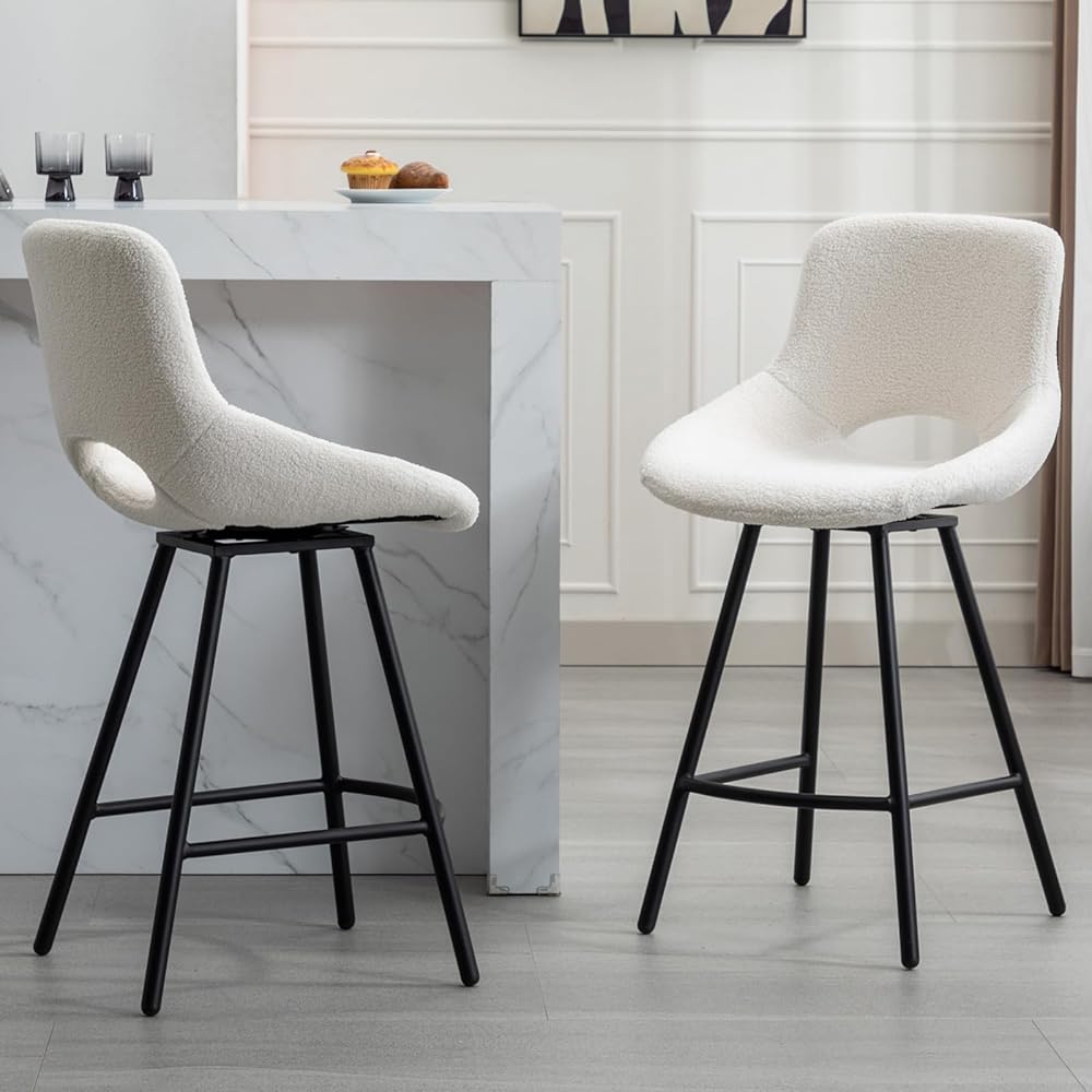 Swivel Bar Stools Set of 2 for Kitchen Island Modern Barstools with Curved Backs Wide Cushion Boucle Fabric Counter Height Bar Stool Vintage Bar Chair Rustic Pub Home Furniture 40 Inch Beige