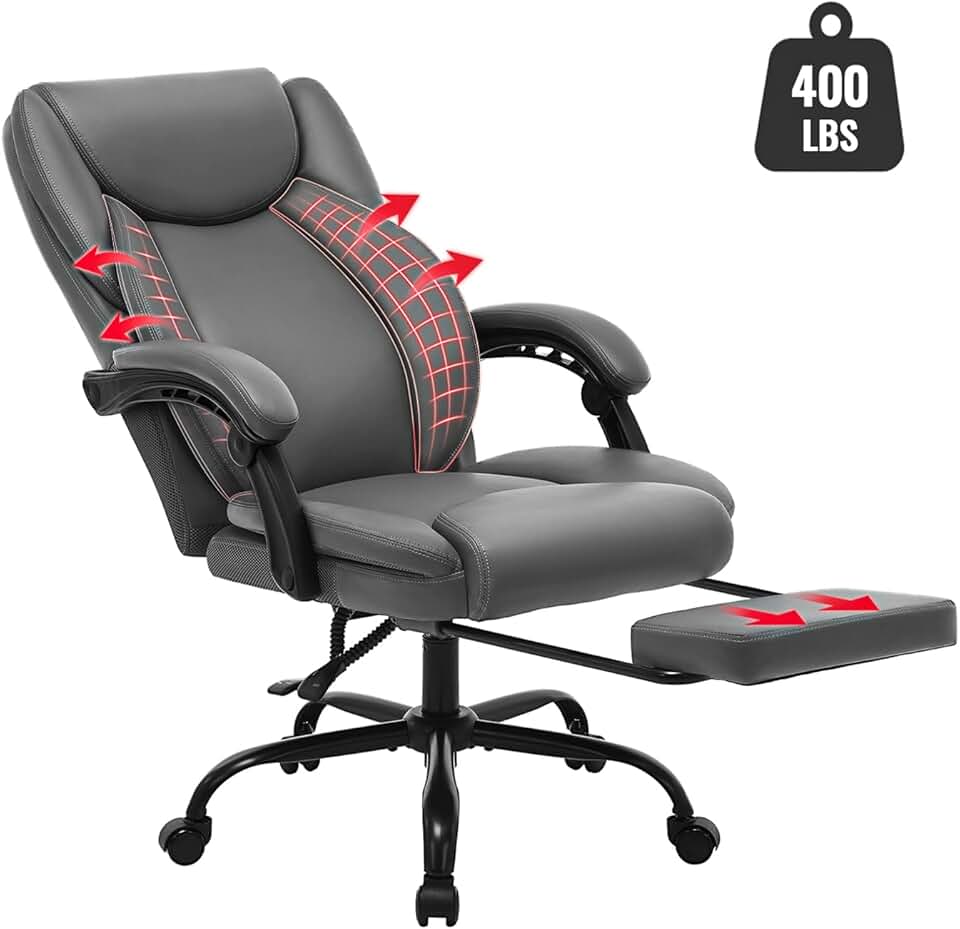 400lbs Big and Tall Office Chair with Footrest, Ergonomic Design with Adjustable Backrest, Reclining Chair with Double Lumbar Support, Thick Bonded Leather for Comfy(Gray)
