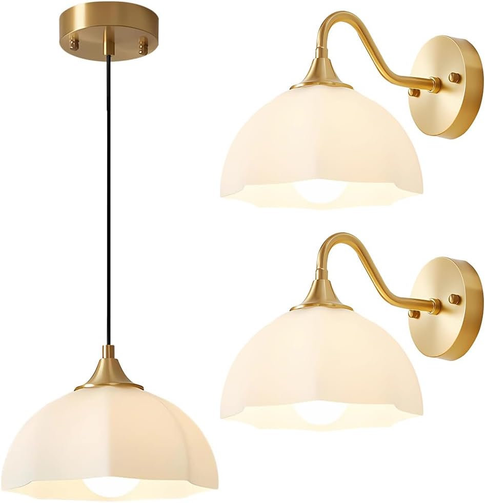 Modern Brass Wall Sconce Bedside Vintage White Wall Lamp and Nordic Retro Pendant Light for Kitchen Island White Dome Glass Lampshade