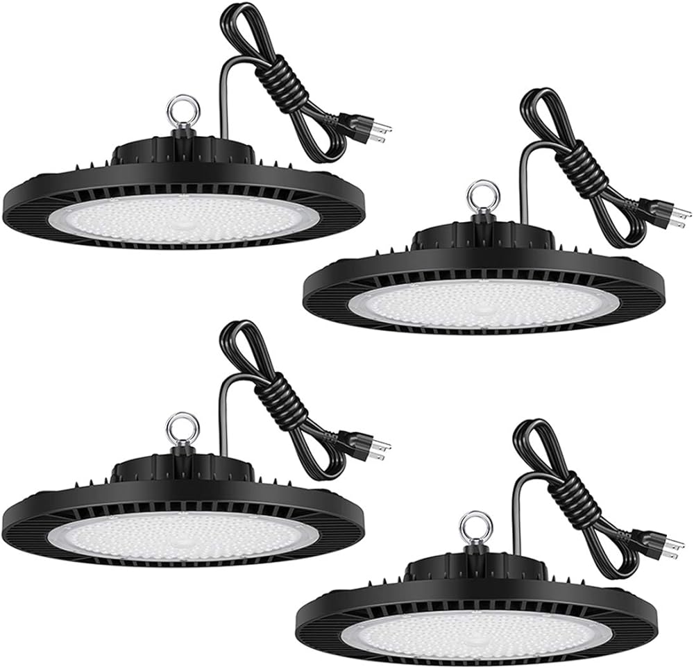 LED Shop Lights Super Bright Gym Lighting LED High Bay Light 200W (Eqv. 800W WH/HPD)5000K Aluminum IP65 28000LM Commercial UFO Lights with US Cable Plug for Garage Workshop Warehouse Barn 4 Pack