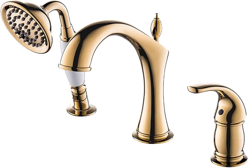 Bathtub Faucets with Showerheads, Tub Filler Deck Mount 3 Hole Brass Bathtub Faucets Gold Bathtub Faucet Set with Handhold Shower Phone Shape Retro Tub Spout with Diverter