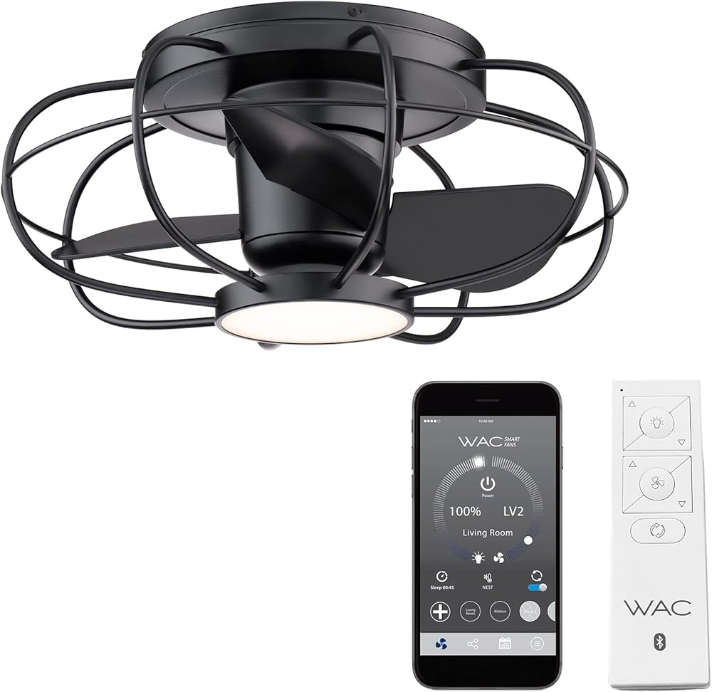 WAC Smart Fans Aella Indoor and Outdoor 3-Blade Caged Flush Mount Ceiling Fan 22in Matte Black with 3000K LED Light Kit and Remote Control works with Alexa and iOS or Android App