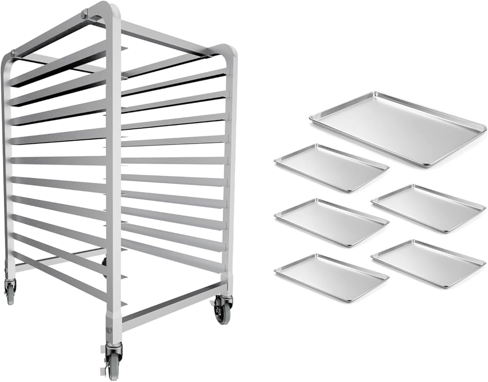 CURTA Commercial 10 Tier Bun Pan Bakery Rack with 6 Pack Aluminum Sheet Pan, NSF Listed, Full Size 26 x 18 inch Commercial Bakery Cake Bun Pan