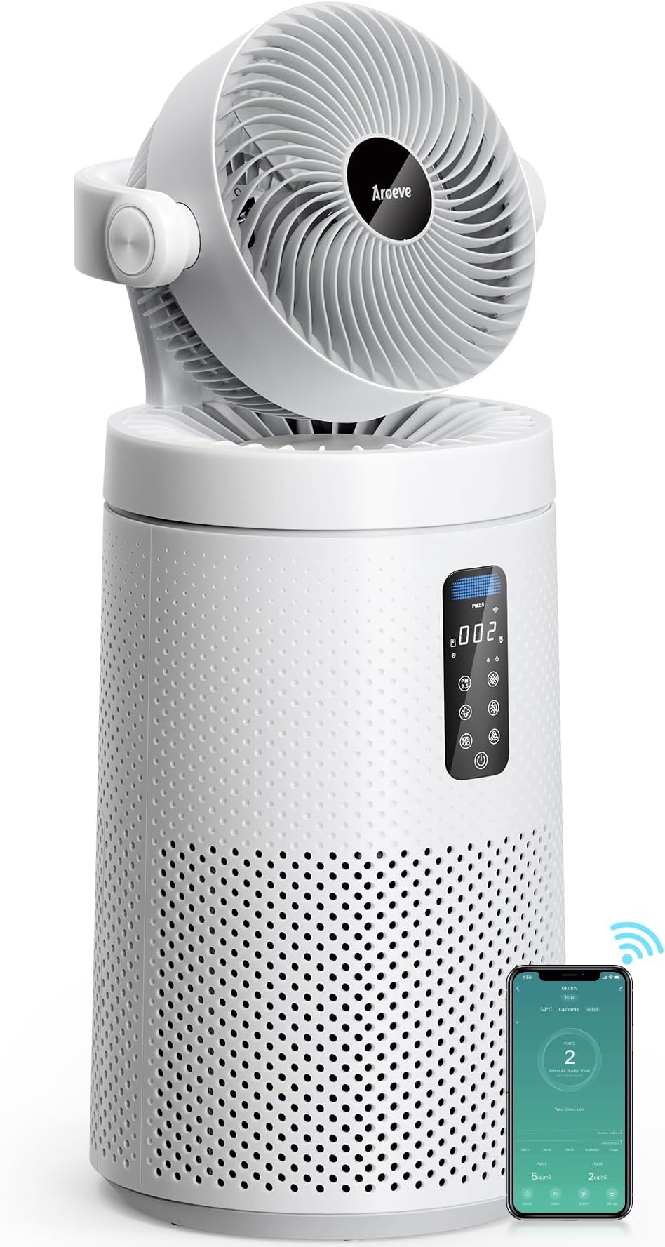 AROEVE Air Purifiers Fan for Home Large Room With 2-In-1 Air Circulator Fan System And Smart WIFI Cover 1980 Sq.Ft Oscillating Air Purifier With Washable Filter For Indoor Whole Home, MK08W-White