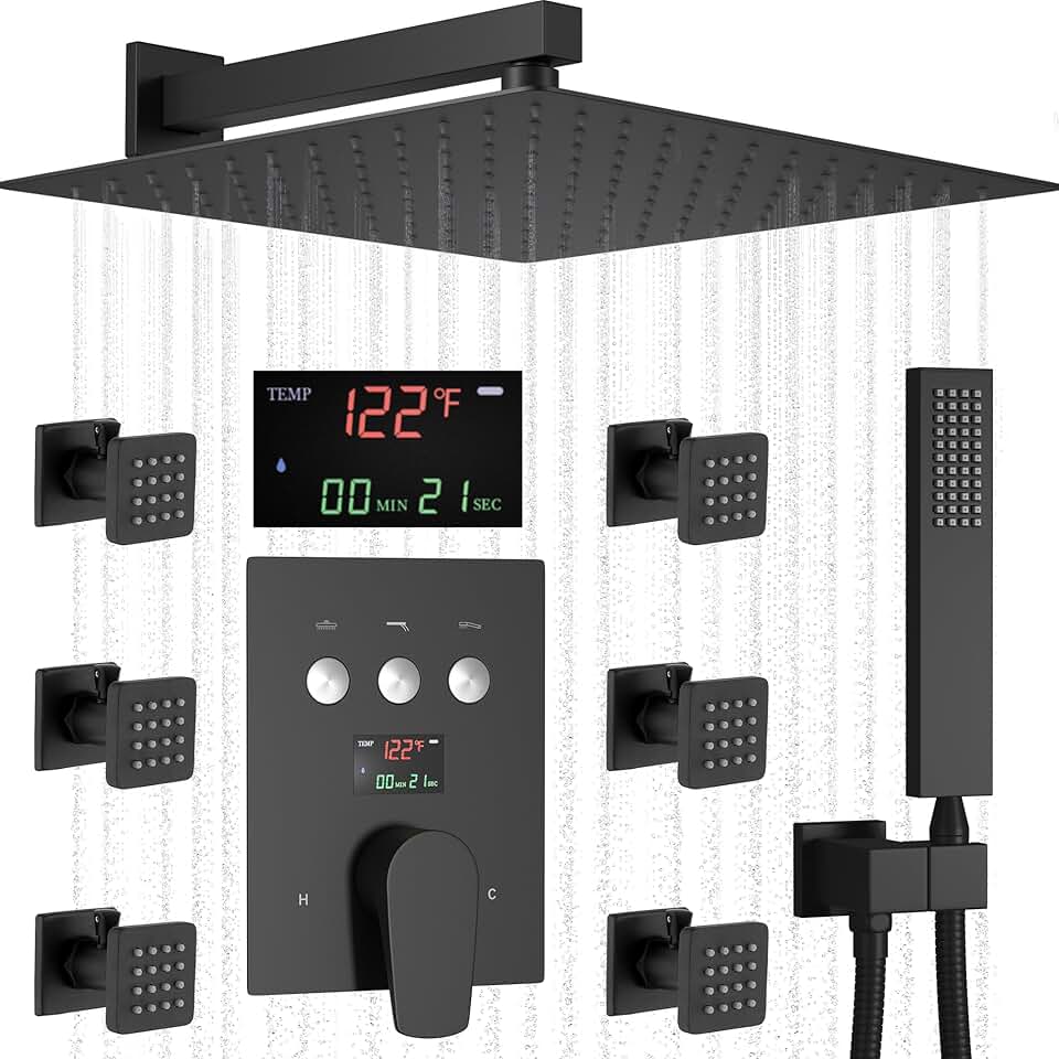 AYIVG Matte Black Shower System Push Button Diverter Shower Faucet with Body Jet and Handheld Temperature Display Shower Faucet Set Shower Jets System in Wall