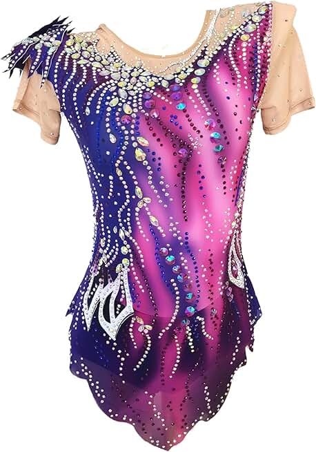 Girls and Adults Short Purple Artistic Gymnastics Costumes with Diamond Decoration Customized Competition Costumes
