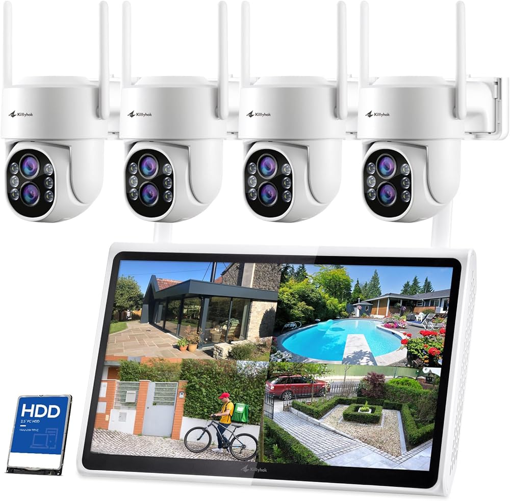 Kittyhok Wireless Security Camera System Outdoor with Monitor | 4pcs 2K Dual Lens PTZ Security Cameras, 10x Mixed Zoom, Auto Tracking, Human Detection, Spotlight | 10CH NVR with 10
