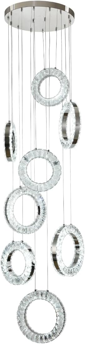 Modern LED Staircase Chandelier, Luxury 3 Colors Dimmable 8 Rings Pendant with Remote, Adjustable Hallway Entryway Light Fixture, Foyer Crystal Pendant Light for High Ceiling, 132W