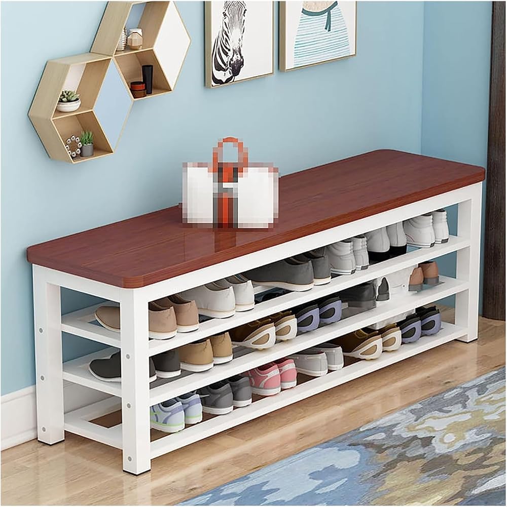 Shoe Storage Bench Entryway Hallway Furniture, 3-Tier Shoe Rack, Industrial Style Shoe Storage Organizer, Entry Bench with Shelves Wood Seat for Hallway, Living Room(80 * 35 * 56CM)