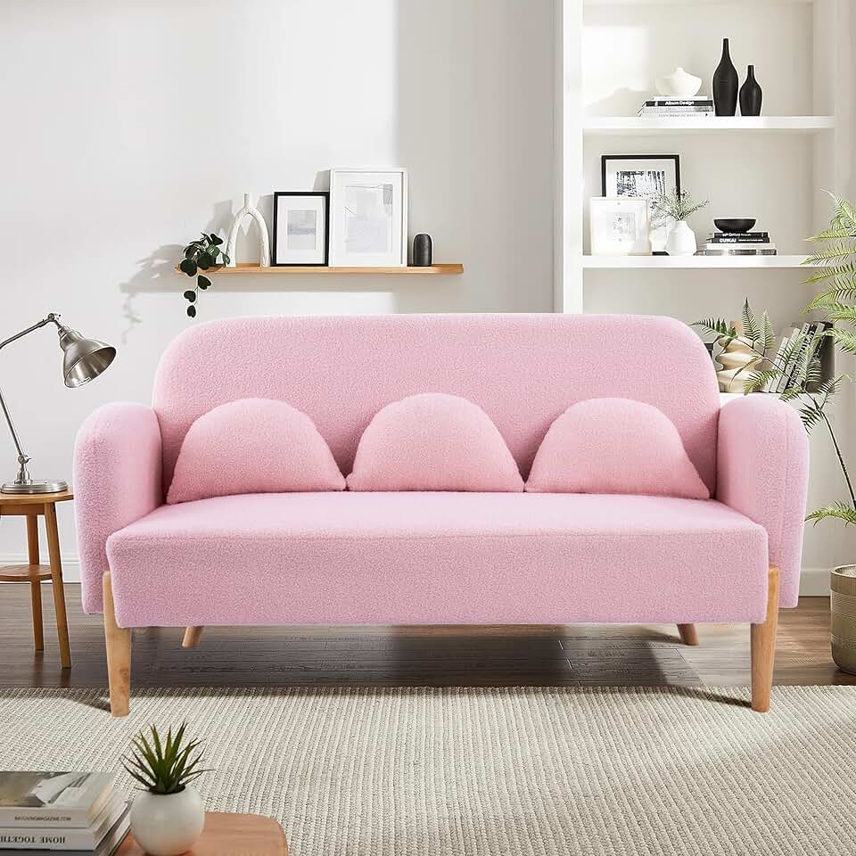 59.1'' Teddy Loveseat Futon Three Lumbar Pillows, Small Sofa Couch for Living Room, Apartment, Office, Pink