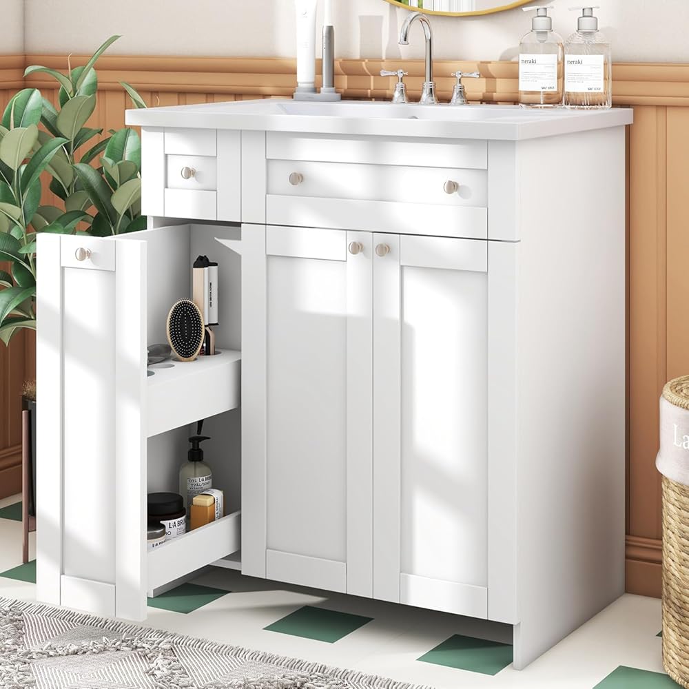 30inch Bathroom Vanity with Sink,Bathroom Cabinet with 2 Doors and High Drawer,Freestanding Bathroom Vanities,Resin Sink,Solid Wood Frame,Easy Assembly(White)